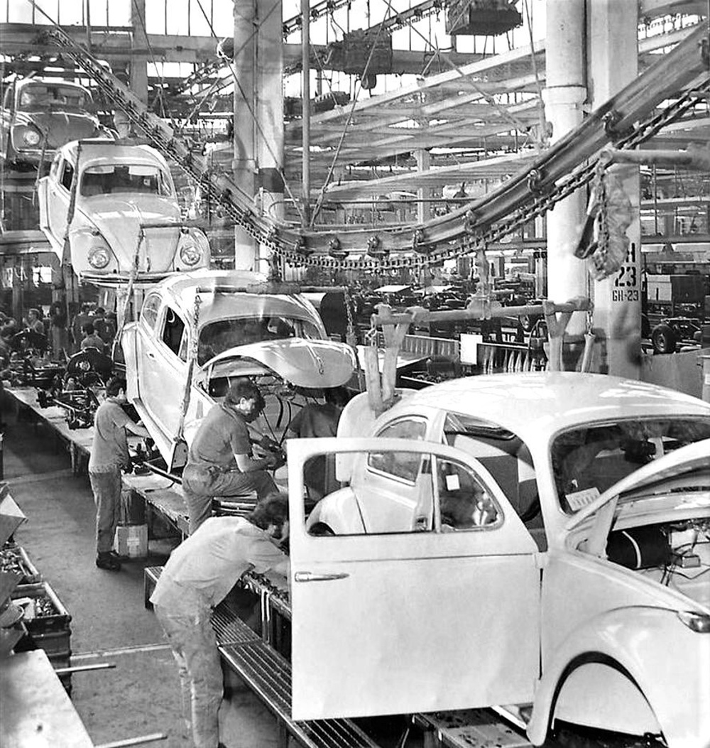 Completed bodies are lowered onto their chassis platforms for the Hochzeit