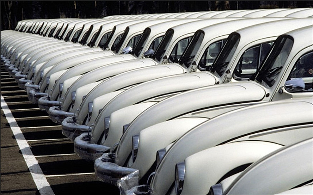 A long line of new cars await onward transport in the new vehicle holding yard