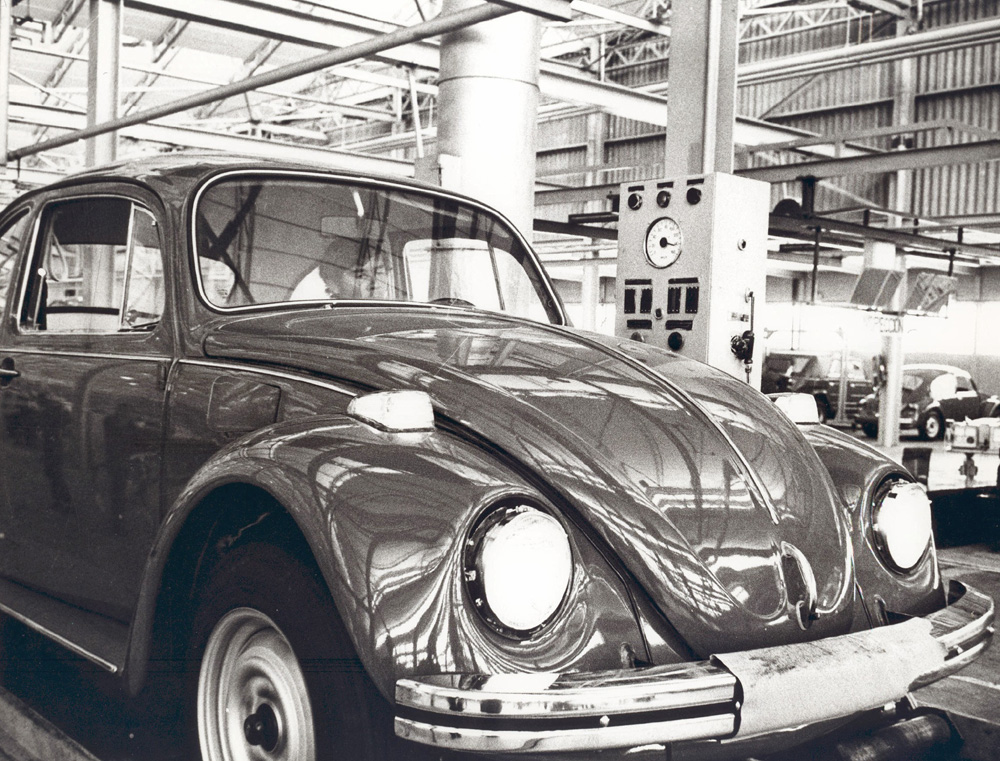 A completed Volkswagen undergoes a dyno test on the rolling road at the end of the production line in the final assembly hall at the Volkswagen de Mexico plant in Puebla