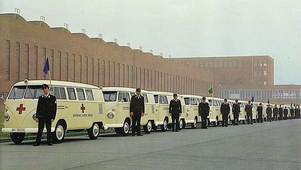 Newly completed ambulances for the Deutsches Rotes Kreuz (German Red Cross) parked outside the Transporterwerk at Hannover-St&ouml;cken in the 1960s
