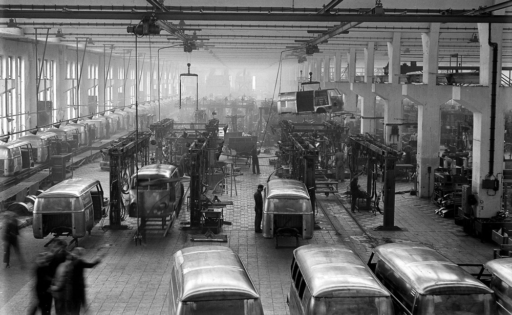 VW Type 2 bodies-in-white (bare metal) being assembled at Volkswagenwerk Wolfsburg in 1953