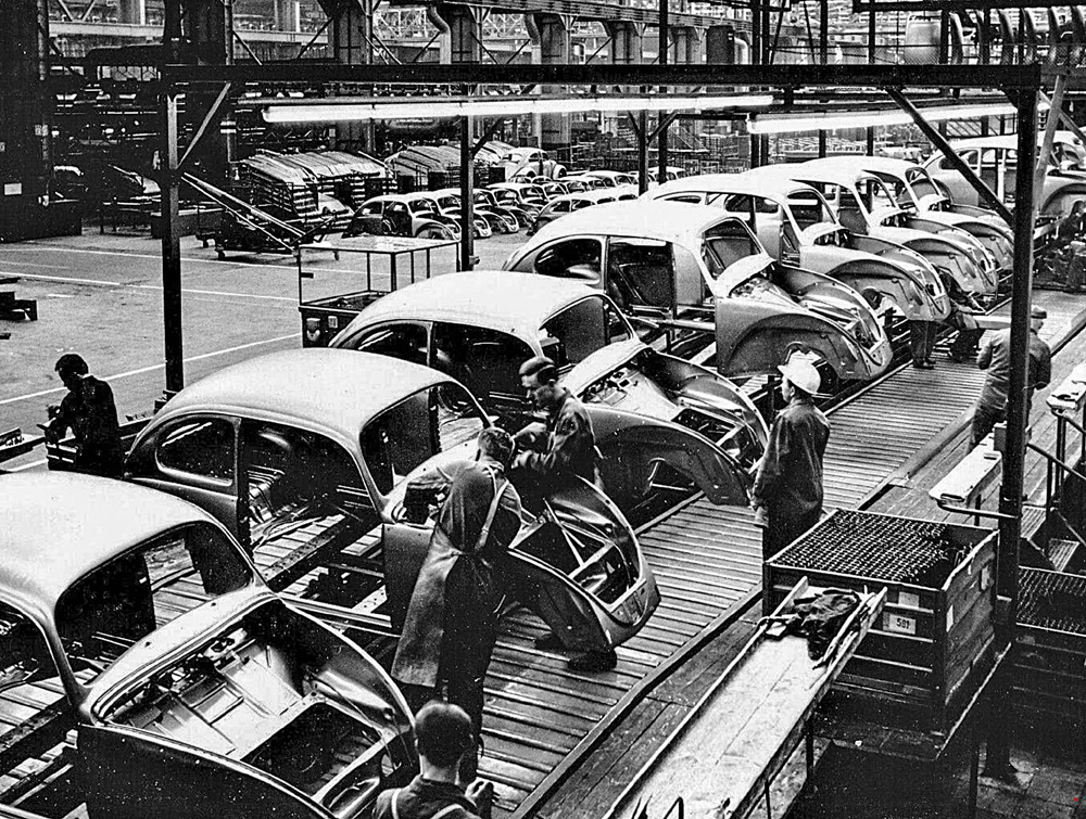 Volkswagen Type 1 bodies-in-white being assembled at the Wolfsburg plant in the early 1960s