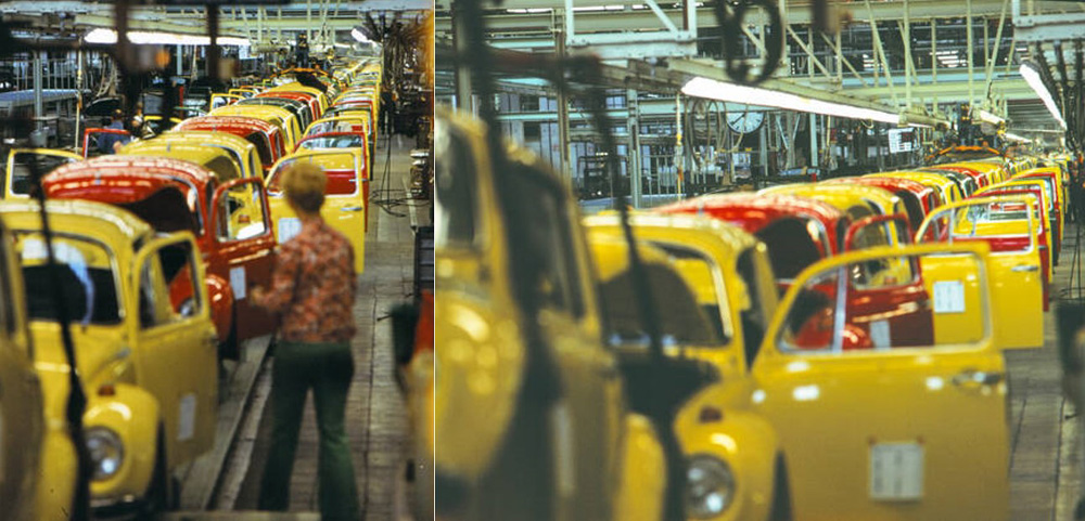 Beetles 
        move slowly along the final assembly line in Hall 12 at Volkswagenwerk