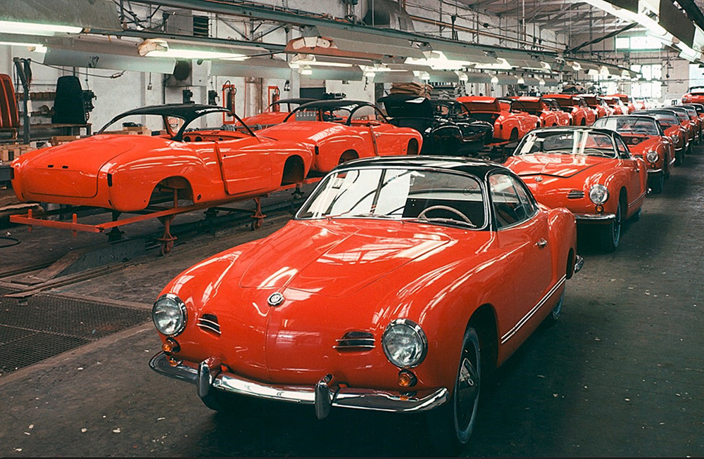 Beautiful 'Lowlight' VW Type 14 Karmann Ghia coupes in the final assembly hall at the Karmann factory in Osnabr&uuml;ck