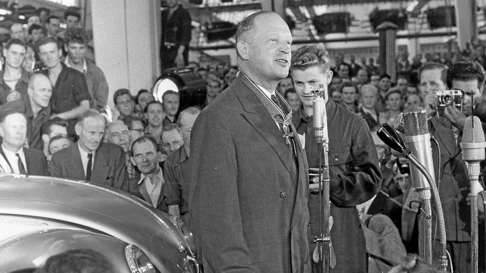 Heinrich Nordhoff was speaking to his crowd of workers in the Wolfsburg factory, during the celebration of the 1 Millionth Volkswagen