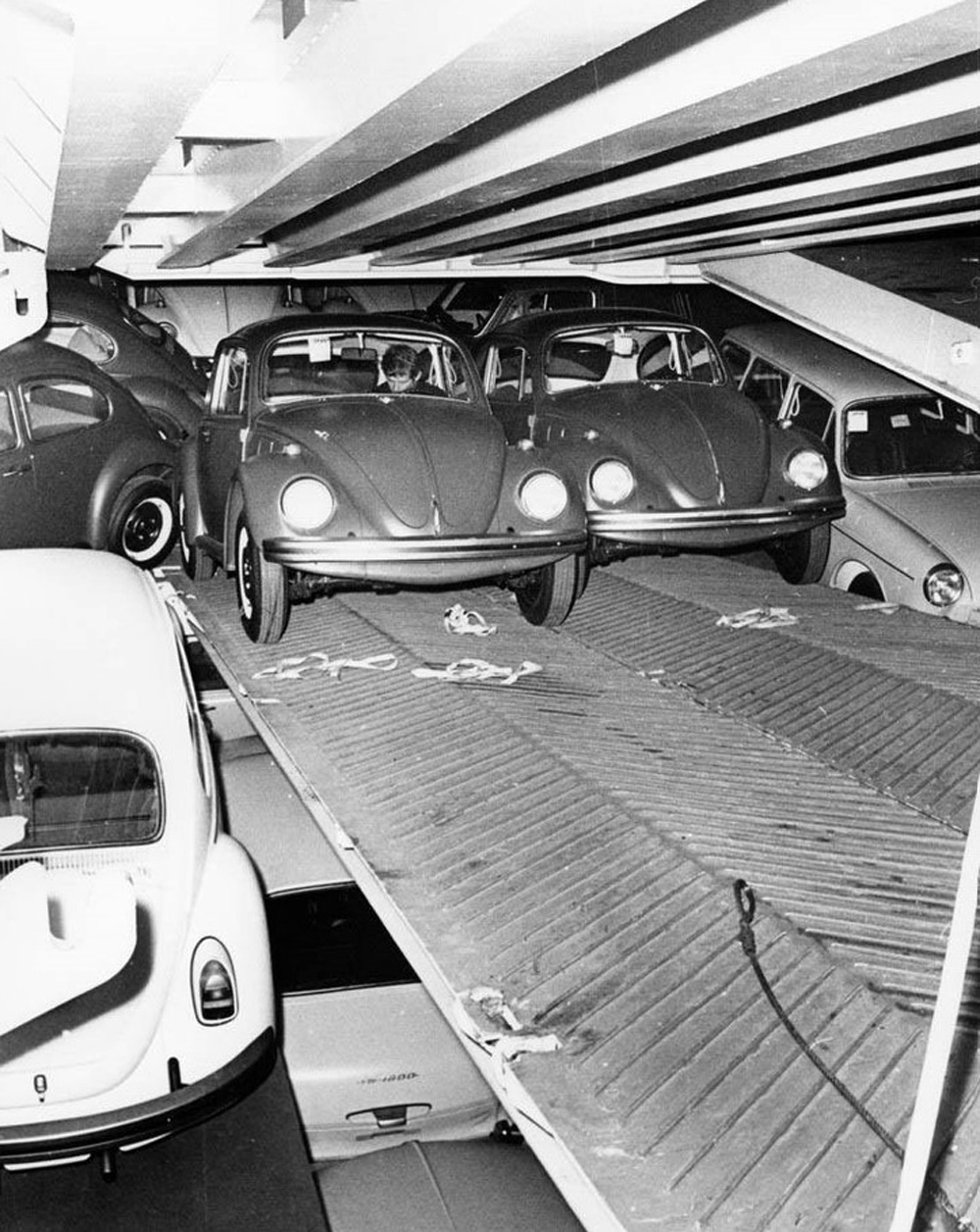 New 1969 model year Type 1 and 3 Volkswagens are packed like sardines in the hold of Norwegian cargo