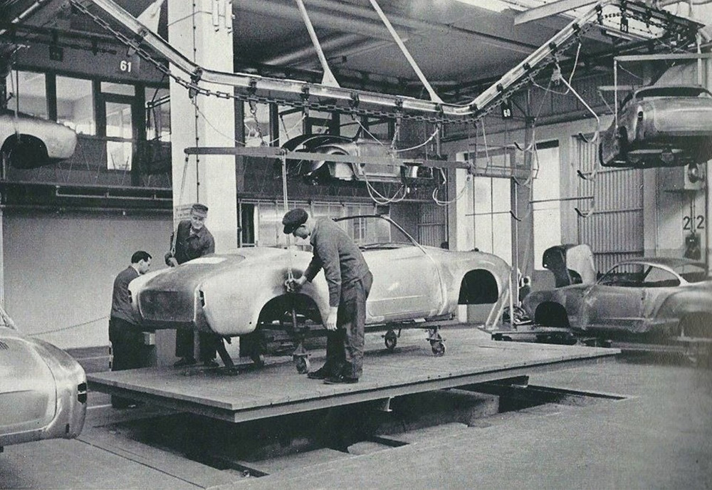 Volkswagen 
        Karmann Ghia bodies at the Wilhelm Karmann factory
