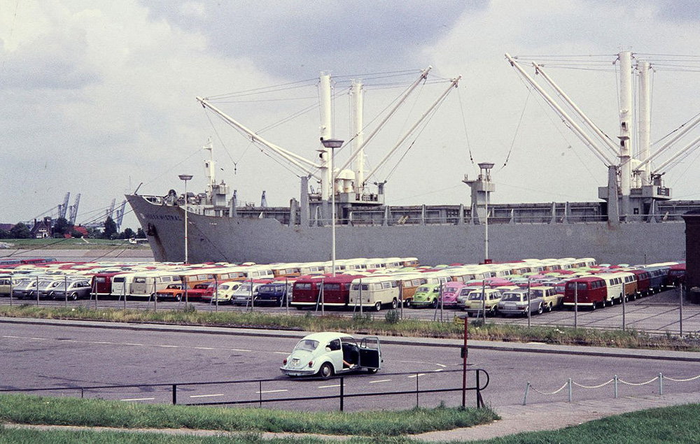 New 
        air-cooled Volkswagens waiting for export to Canada