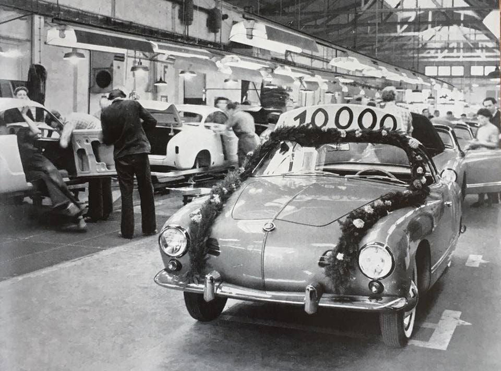 Decorated 
        with a celebration garland, Volkswagen Karmann Ghia number 10,000