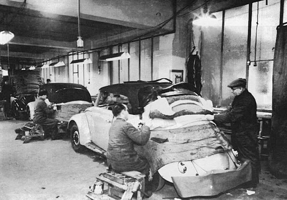 Skilled 
        upholstery craftsmen at the Karmann plant