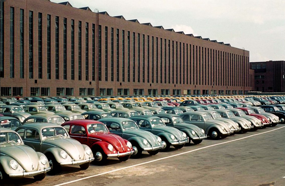 Gleaming 
        and colourful rows of new Volkswagens